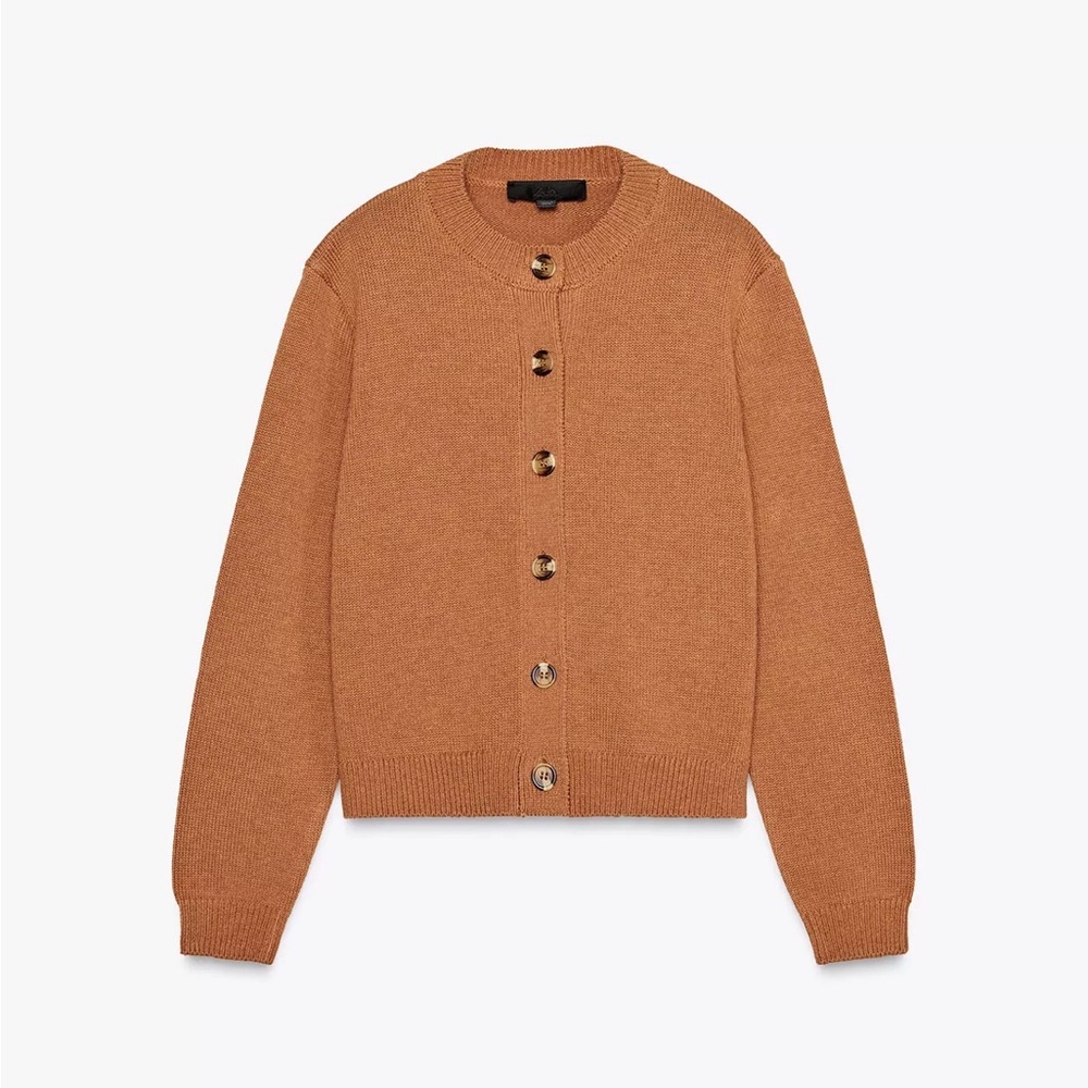 Zara Cropped Camel Brown Crewneck Button Cardigan